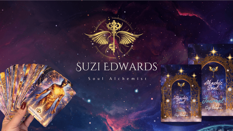 Suzi Edwards' Soul Alchemist brand featuring Akashic Soul Alchemy oracle cards and journal, designed for spiritual self-discovery.