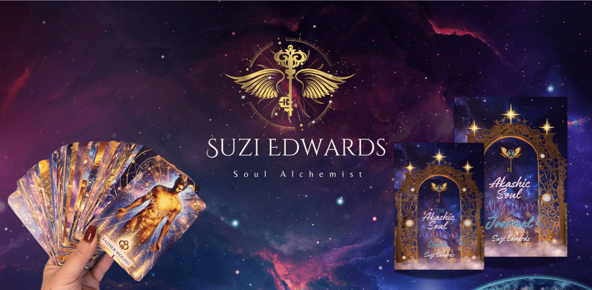 Suzi Edwards' Soul Alchemist brand featuring Akashic Soul Alchemy oracle cards and journal, designed for spiritual self-discovery.