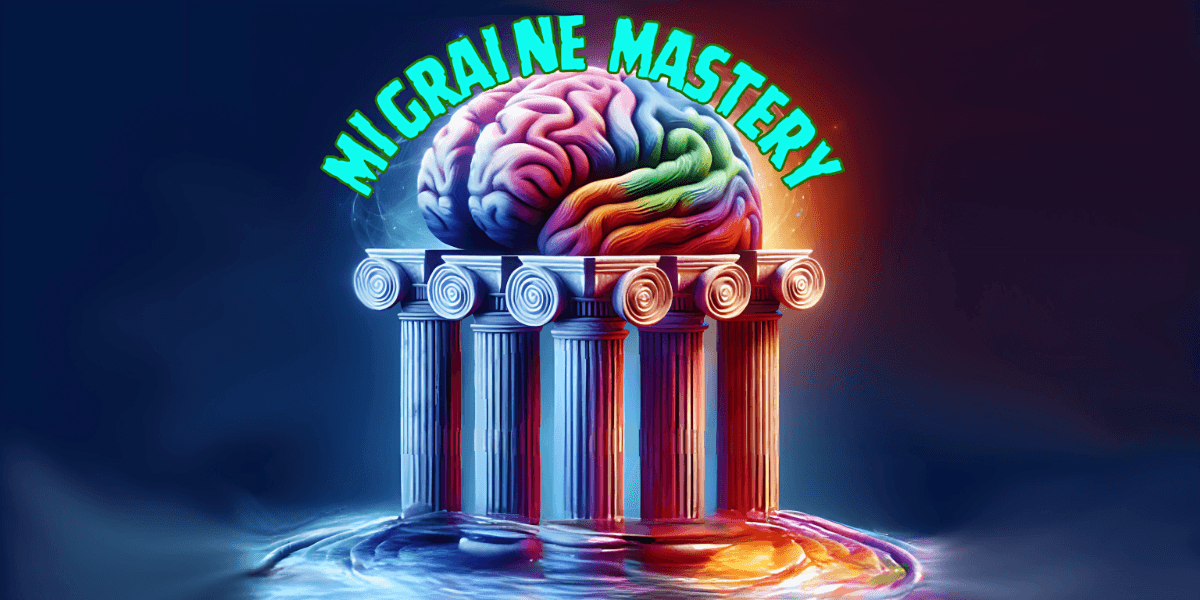 Colorful brain atop five pillars with text "Migraine Mastery," symbolizing expert-led migraine education and control strategies.