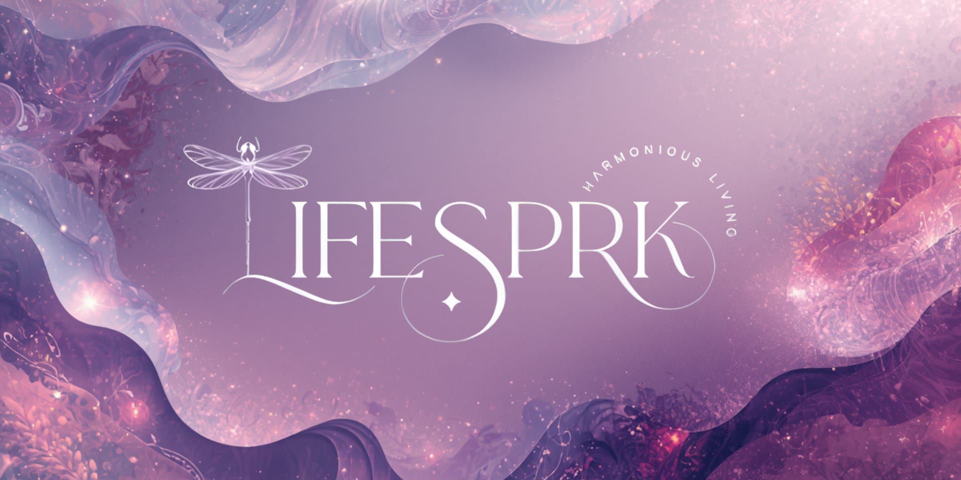 Elegant purple logo for LifeSprk LLC with dragonfly and “Harmonious Living” tagline.