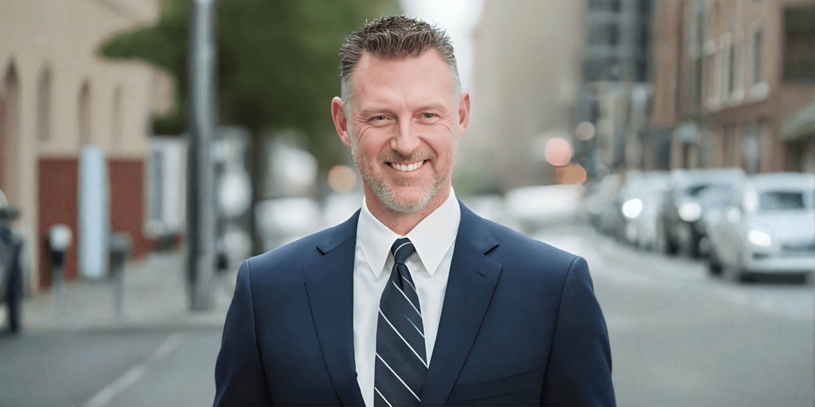 Cameron Oxberry, Divorce Mortgage Expert, smiling in a professional suit on an urban street.