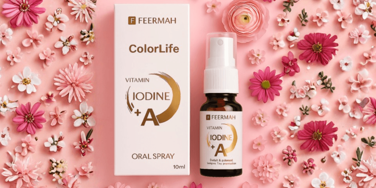 ColorLife® Vitamin Iodine + A oral spray surrounded by flowers, highlighting its wellness benefits.