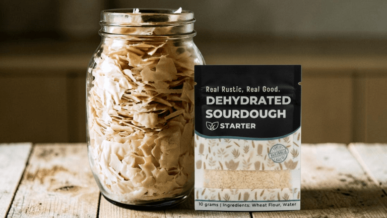 Jar of dehydrated sourdough starter flakes beside a packaged Real Rustic Sourdough starter.