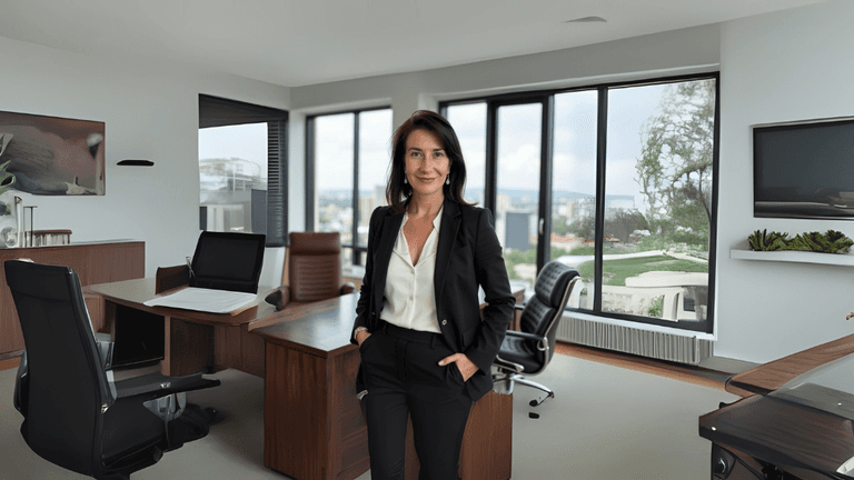 Carmen standing confidently in modern office, representing structured career growth and success without burnout through Simply Consulted.