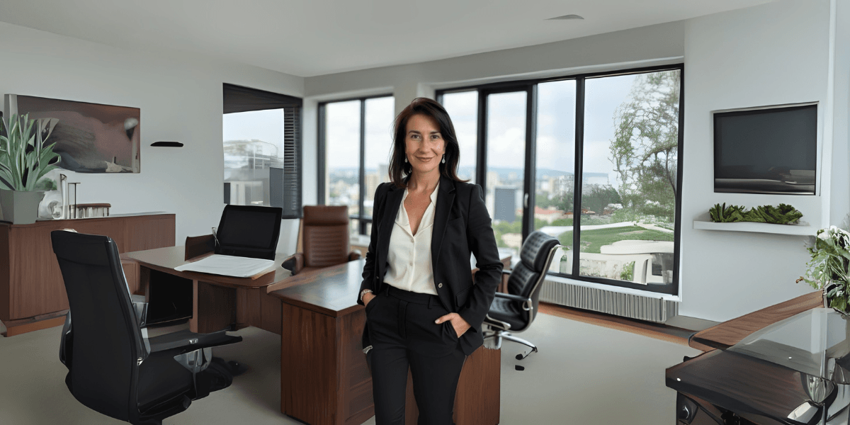 Carmen standing confidently in modern office, representing structured career growth and success without burnout through Simply Consulted.