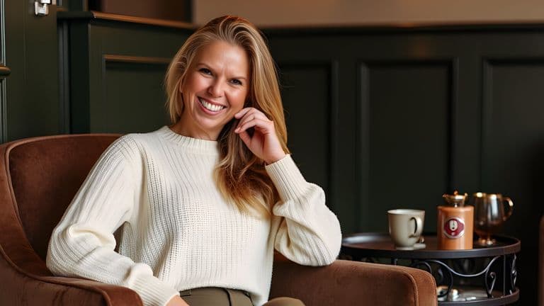 A woman in a white sweater sits smiling in a cozy chair, with a coffee and teapot on a table beside her, creating a warm, inviting atmosphere.