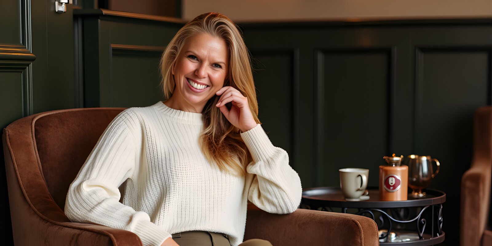 A woman in a white sweater sits smiling in a cozy chair, with a coffee and teapot on a table beside her, creating a warm, inviting atmosphere.