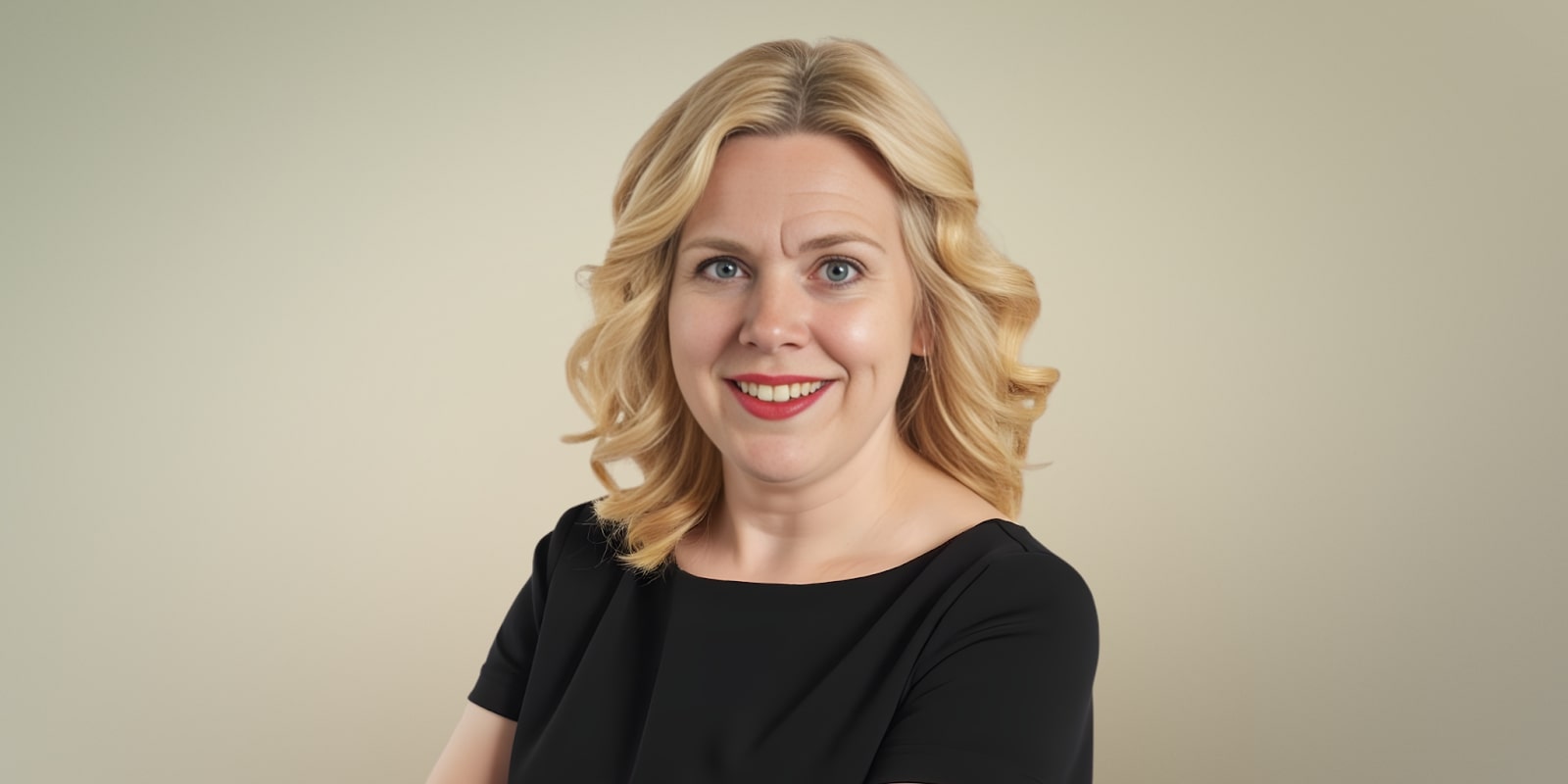 a smiling woman with blonde hair in a black top, standing against a neutral beige background.