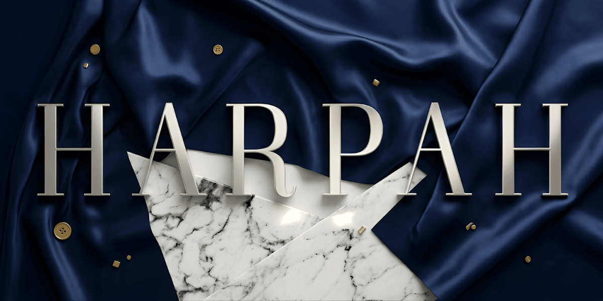 HARPAH logo over dark blue fabric with marble textures and gold accents, conveying luxury athletic branding.