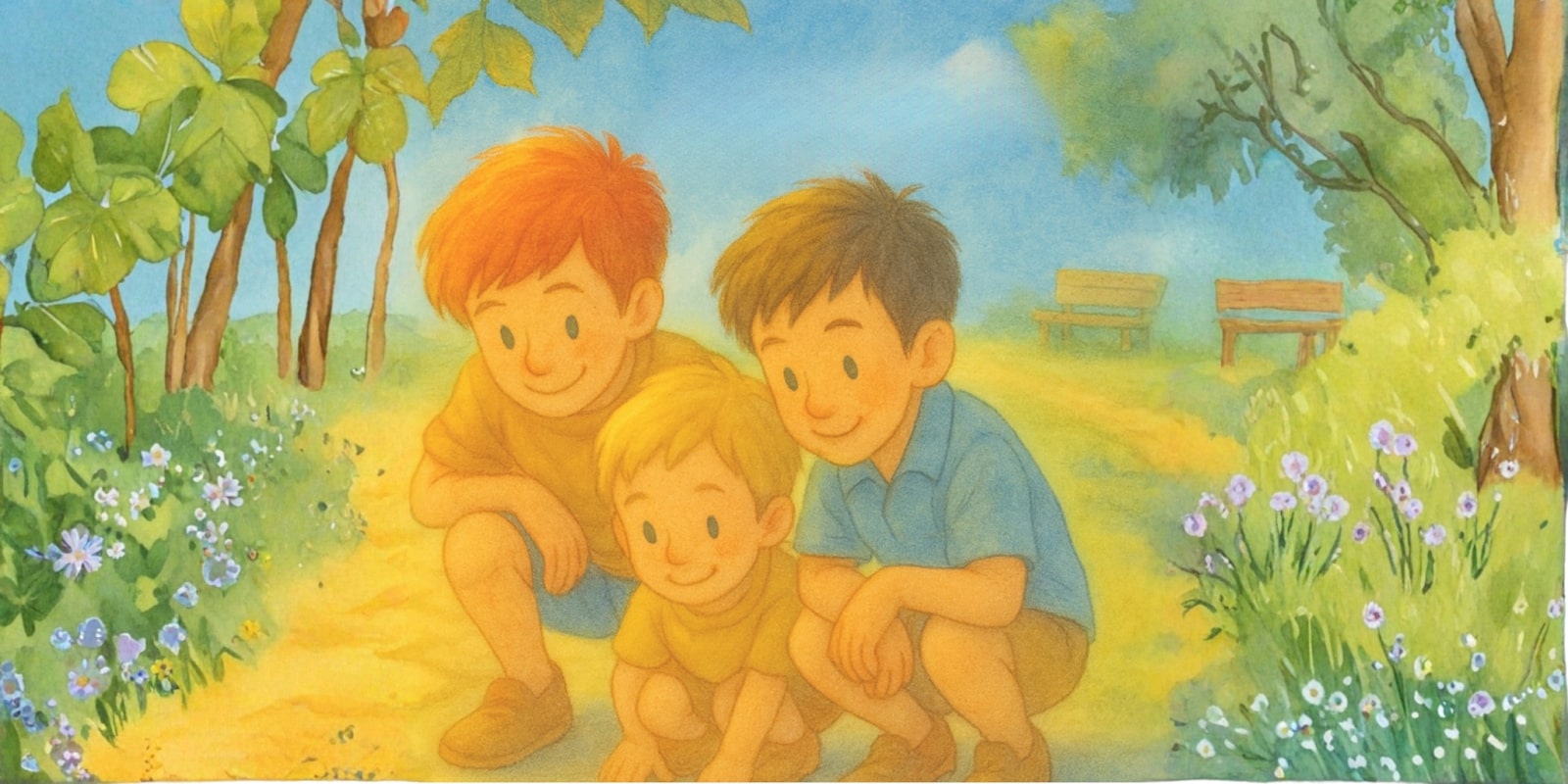 Three young boys crouch together on a sunny path, surrounded by vibrant flowers and lush greenery, smiling warmly.