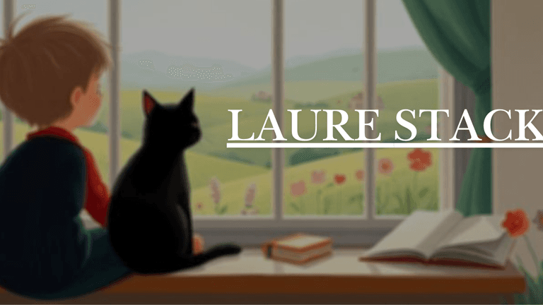 Laure Stack author banner featuring a child, black cat, and countryside window view.