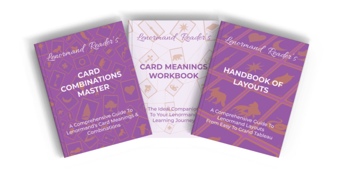 Three Lenormand guides focused on card combinations, meanings, and layouts for clear, practical divination insights and learning.