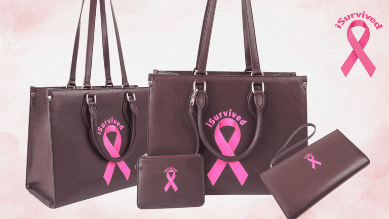 iSurvived luxury handbags and accessories celebrate breast cancer survivors, combining style and resilience, with a portion of proceeds supporting charity.