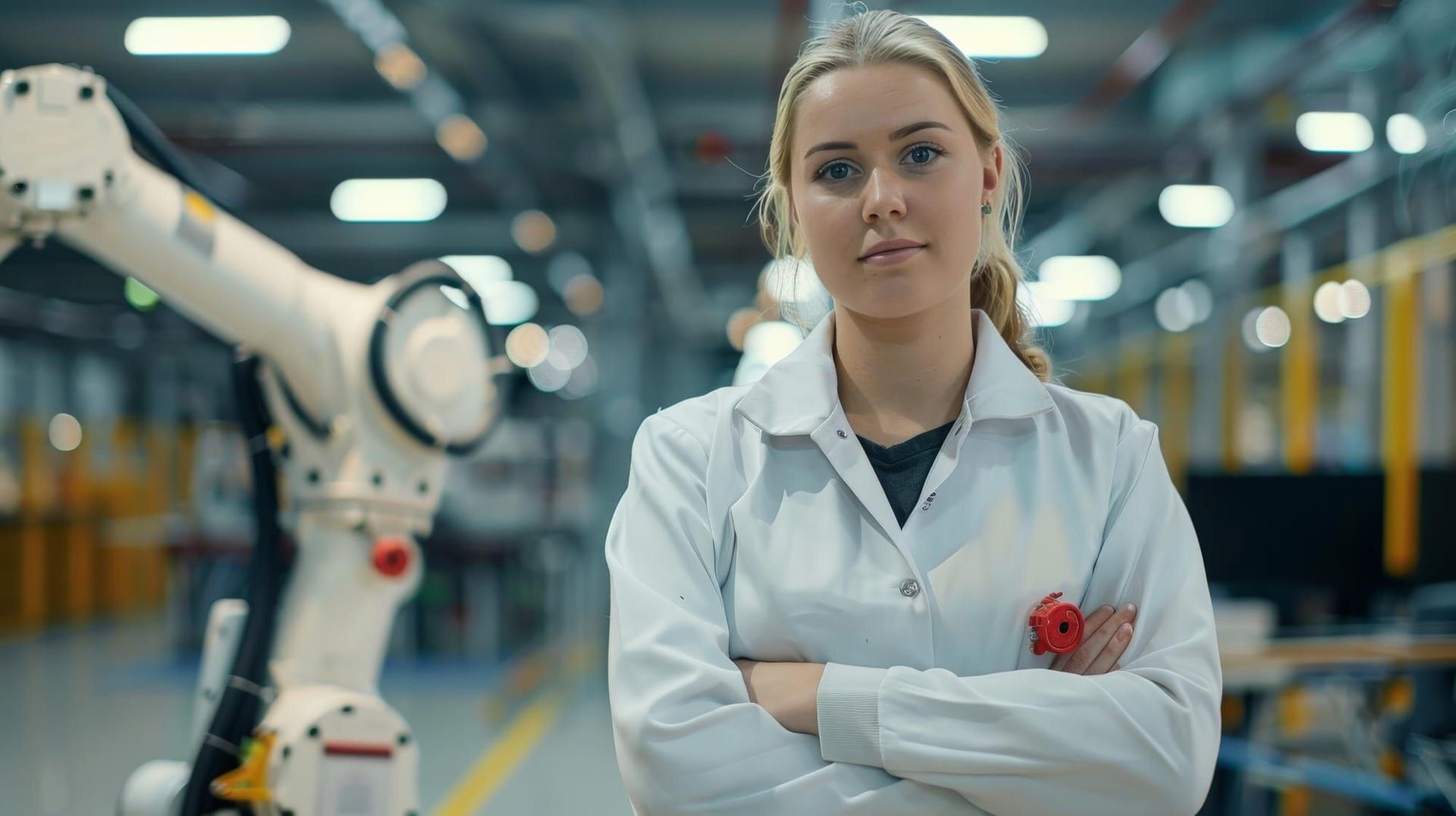 Female Technician Factory Setting Robotic Arm With Red Emergency Stop Button Foreground 73899 44004