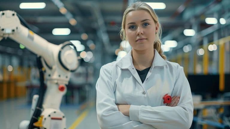 Female Technician Factory Setting Robotic Arm With Red Emergency Stop Button Foreground 73899 44004