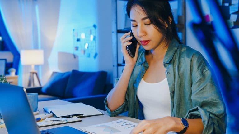 Freelance Asia Women Using Laptop Talk Phone Busy Entrepreneur Working Distantly Living Room 7861 3168