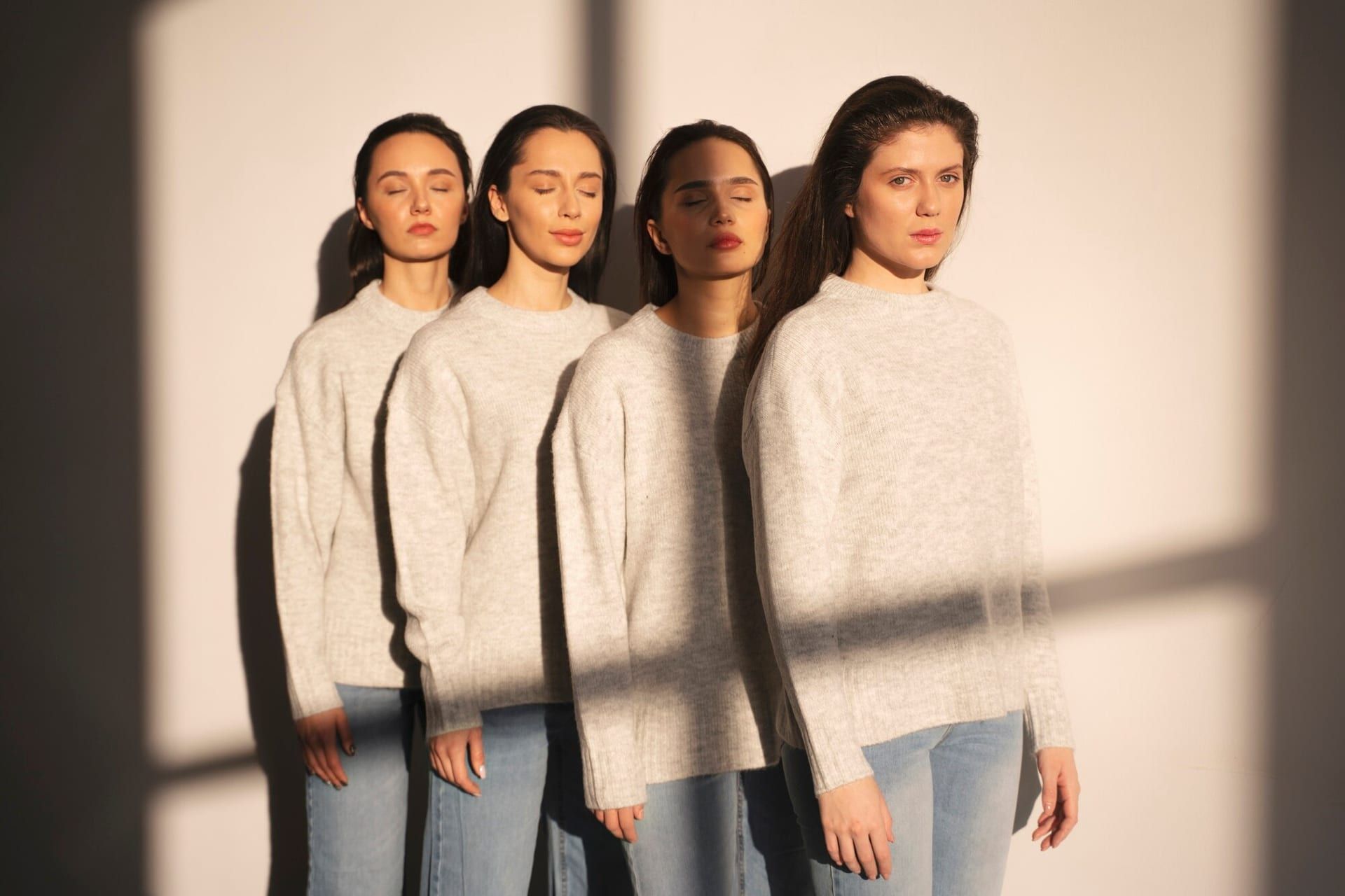 Front View Women Sweaters Jeans Posing Window Shadow 23 2149296209