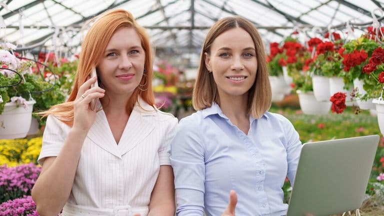 Greenhouse Owner Presenting Flowers Options Potential Customer Retailer Using Laptop 158595 7055