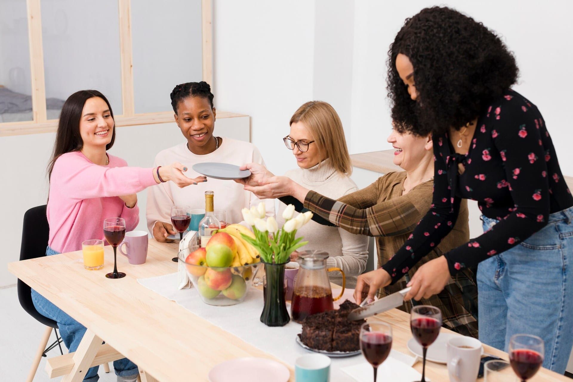 Group Beautiful Women Getting Cake 23 2148440492