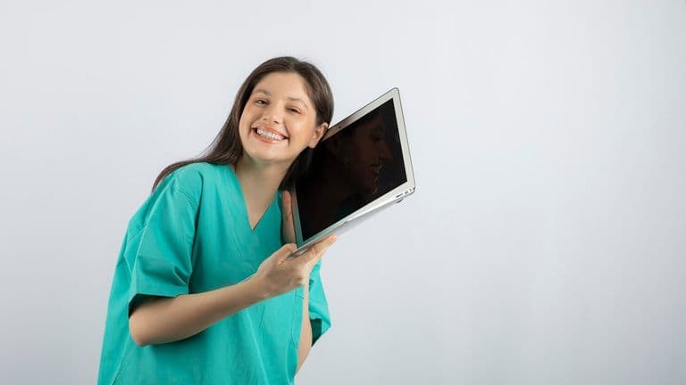 Happy Female Nurse Posing With Laptop White 114579 72763