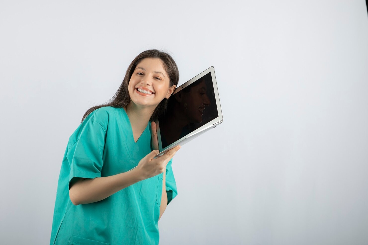 Happy Female Nurse Posing With Laptop White 114579 72763