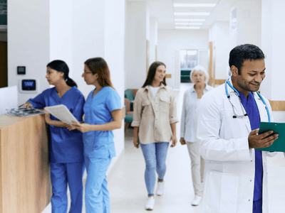 Doctors review a clipboard while nurses and patients stand in a hospital corridor.