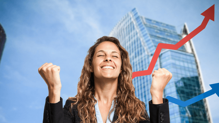 Businesswoman celebrating career success with rising financial growth charts and office buildings in the background.