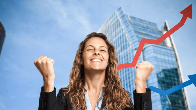 Businesswoman celebrating career success with rising financial growth charts and office buildings in the background.