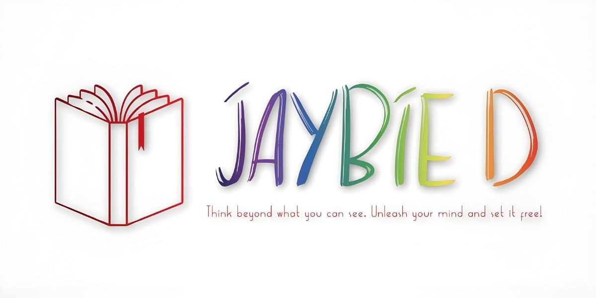 Jaybie D. logo featuring a book icon and colorful text, promoting meaningful bookish clothing that celebrates individuality and connection.