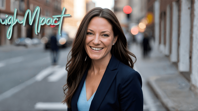 "Kalyca Zarich, founder of highMpact, standing confidently in a city setting, embodying the balance of sustainable business growth."