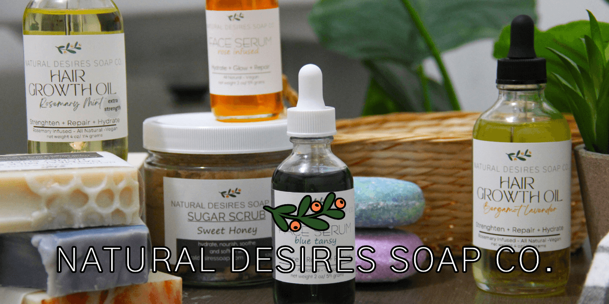 "Natural Desires Soap Company’s product lineup, featuring hair growth oil, face serum, and sugar scrub, focuses on all-natural, vegan skincare solutions."