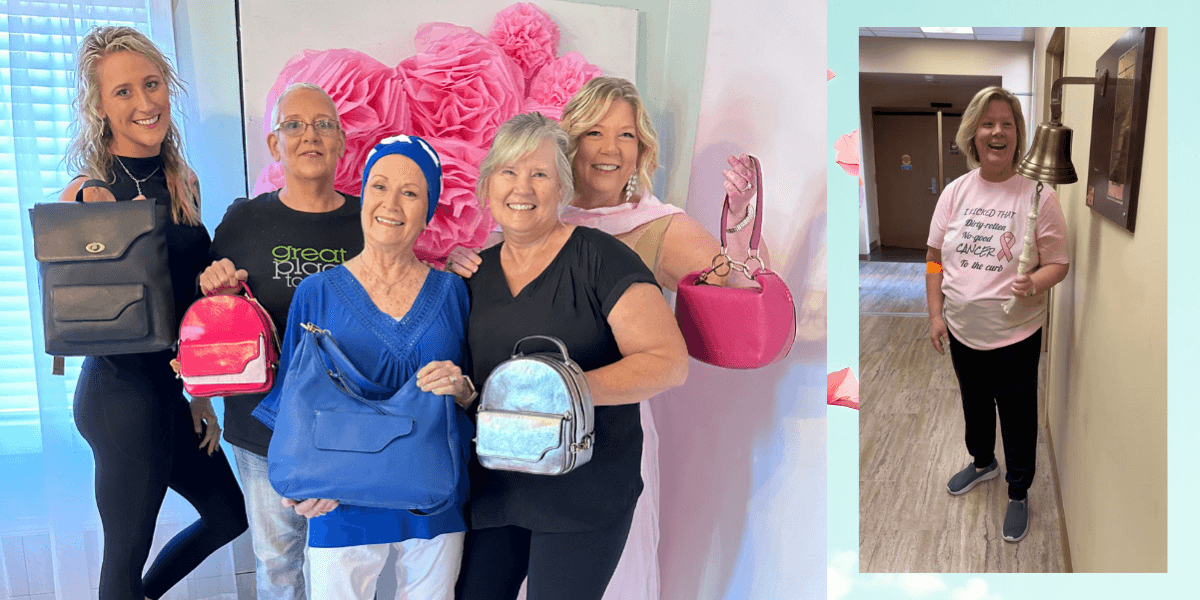 A woman cancer survivor proudly holding luxury handbags from her brand Daneault, which reflects resilience, sustainability, and elegance.
