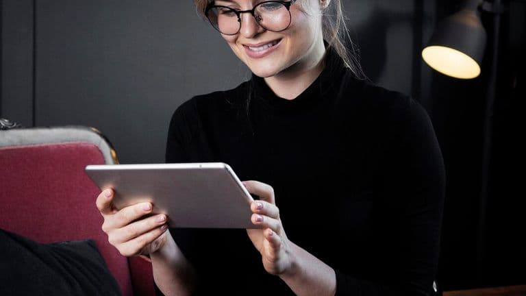 Portrait Smart Businesswoman Browsing Tablet 23 2148452702
