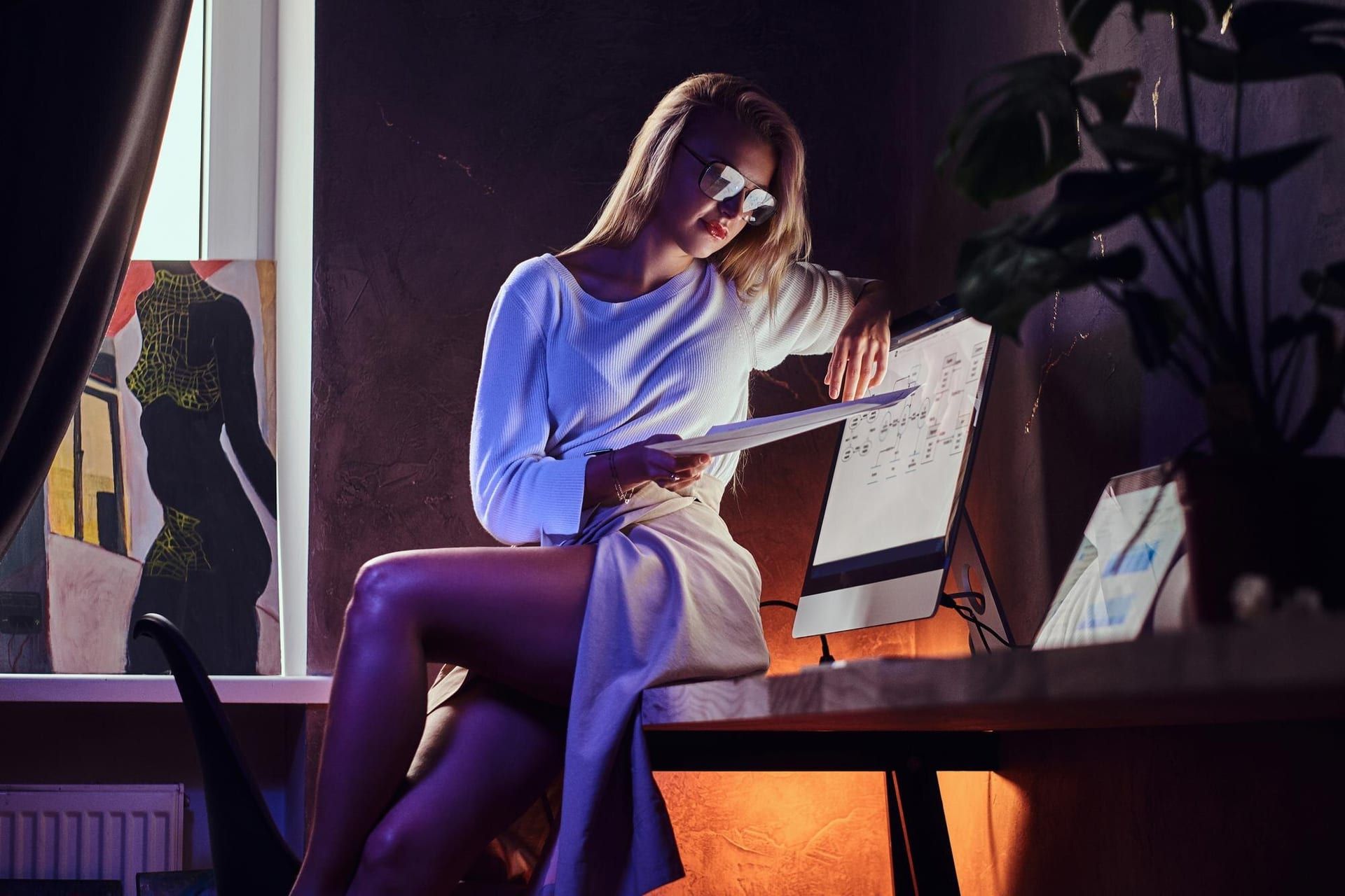 Sexy Blond Woman Is Sitting Table While Reading Important Documents 613910 13252