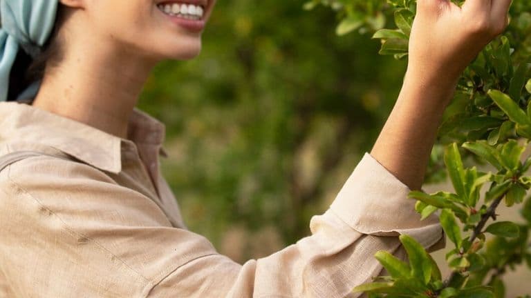 Side View Smiley Woman Looking Fruit 23 2149514589