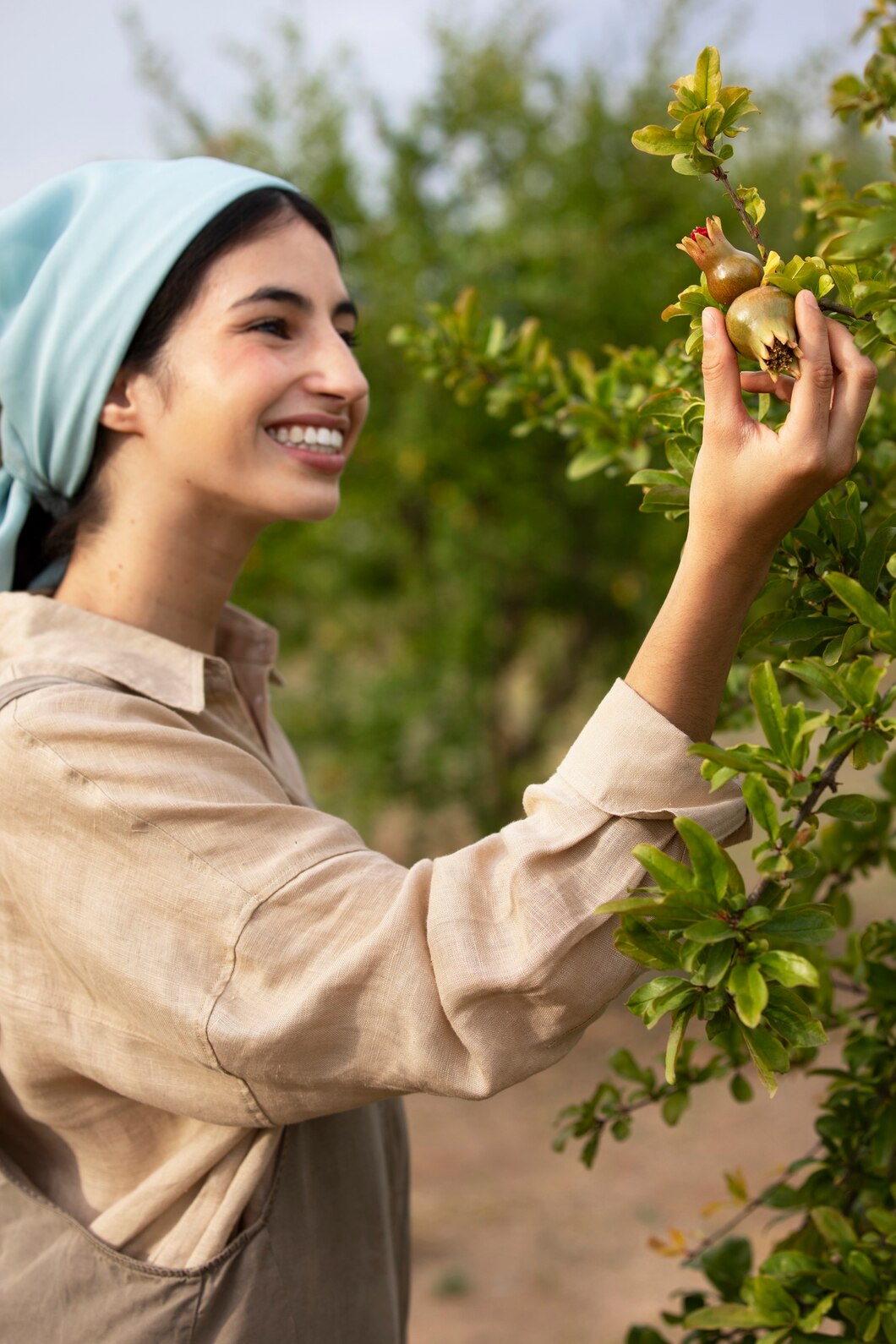 Side View Smiley Woman Looking Fruit 23 2149514589