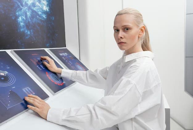 Side View Woman Working Digital Monitors 23 2148910244