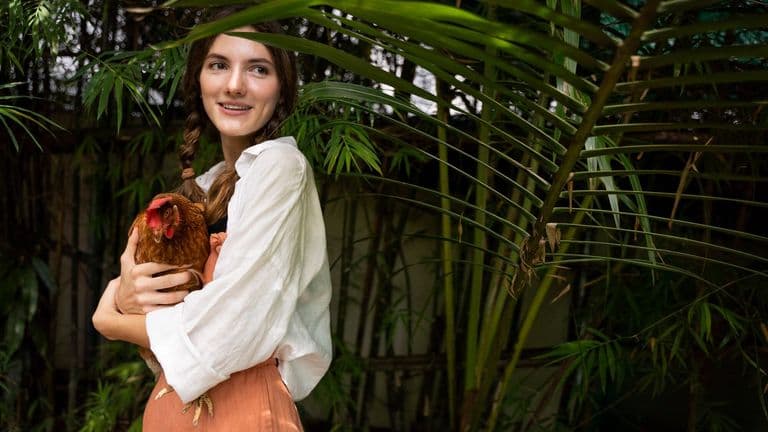 Smiley Woman Holding Hen Side View 23 2149456928