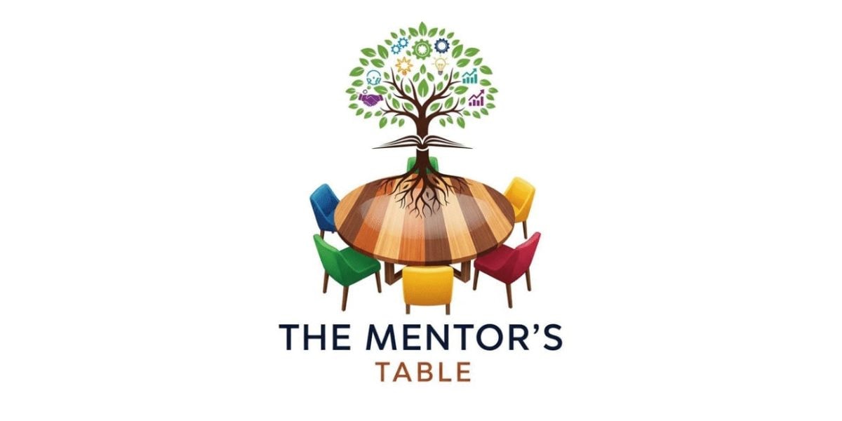 The image features a colorful tree symbolizing growth and success, with diverse chairs around a wooden table for mentorship.
