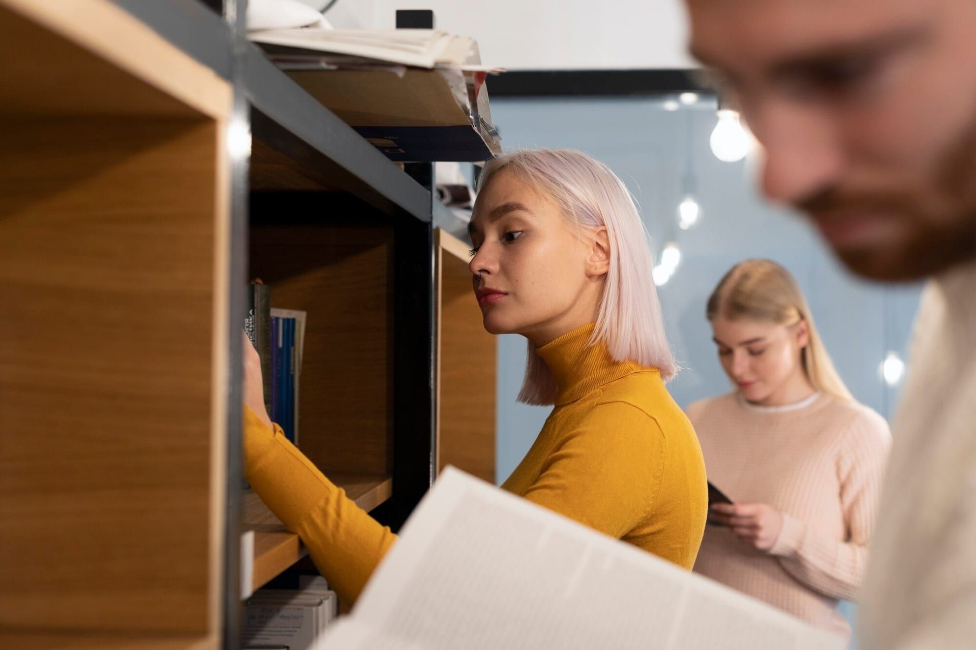Three Friends Looking Books Library Study Session 23 2149283376