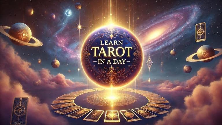 "A celestial-themed image with planets and tarot cards floating in space, with the text 'Learn Tarot in a Day' prominently displayed, creating an ethereal and educational atmosphere for tarot enthusiasts."