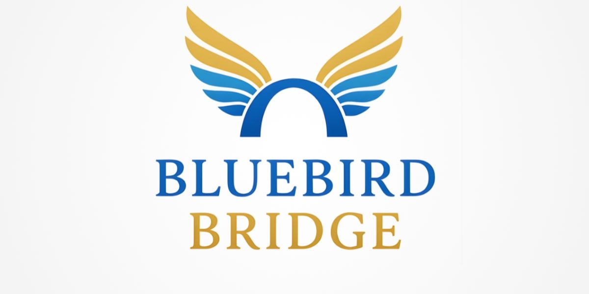 Logo of Bluebird Bridge, featuring wings and an arch, symbolizing growth, empowerment, and a path to global peace.