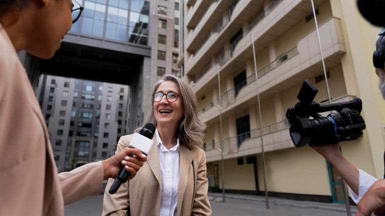 Woman Being Interviewed Outdoors 23 2149032423