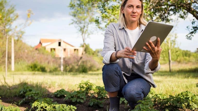 Woman Farmer Checking Her Garden With Tablet 23 2148580082