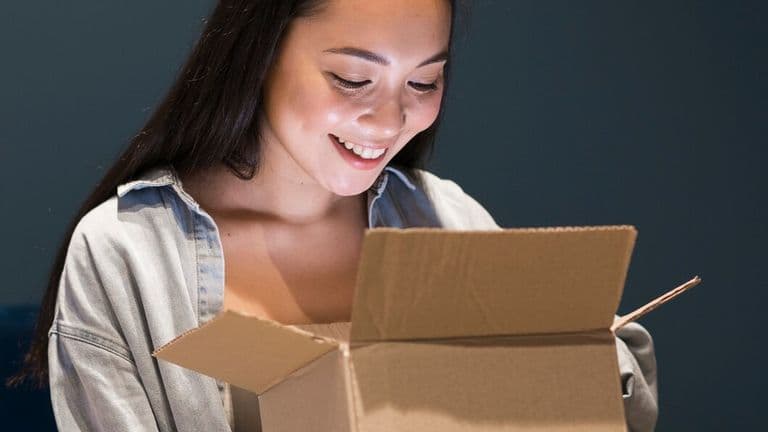 Woman Looking Box After Ordering Online 23 2148455141