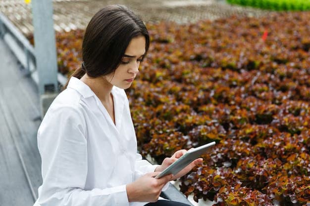 Woman White Laboratory Robe Examines Salad Cabbage Greenhouse Using Tablet 8353 7171