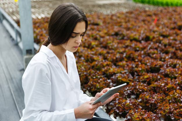 Woman White Laboratory Robe Examines Salad Cabbage Greenhouse Using Tablet 8353 7171