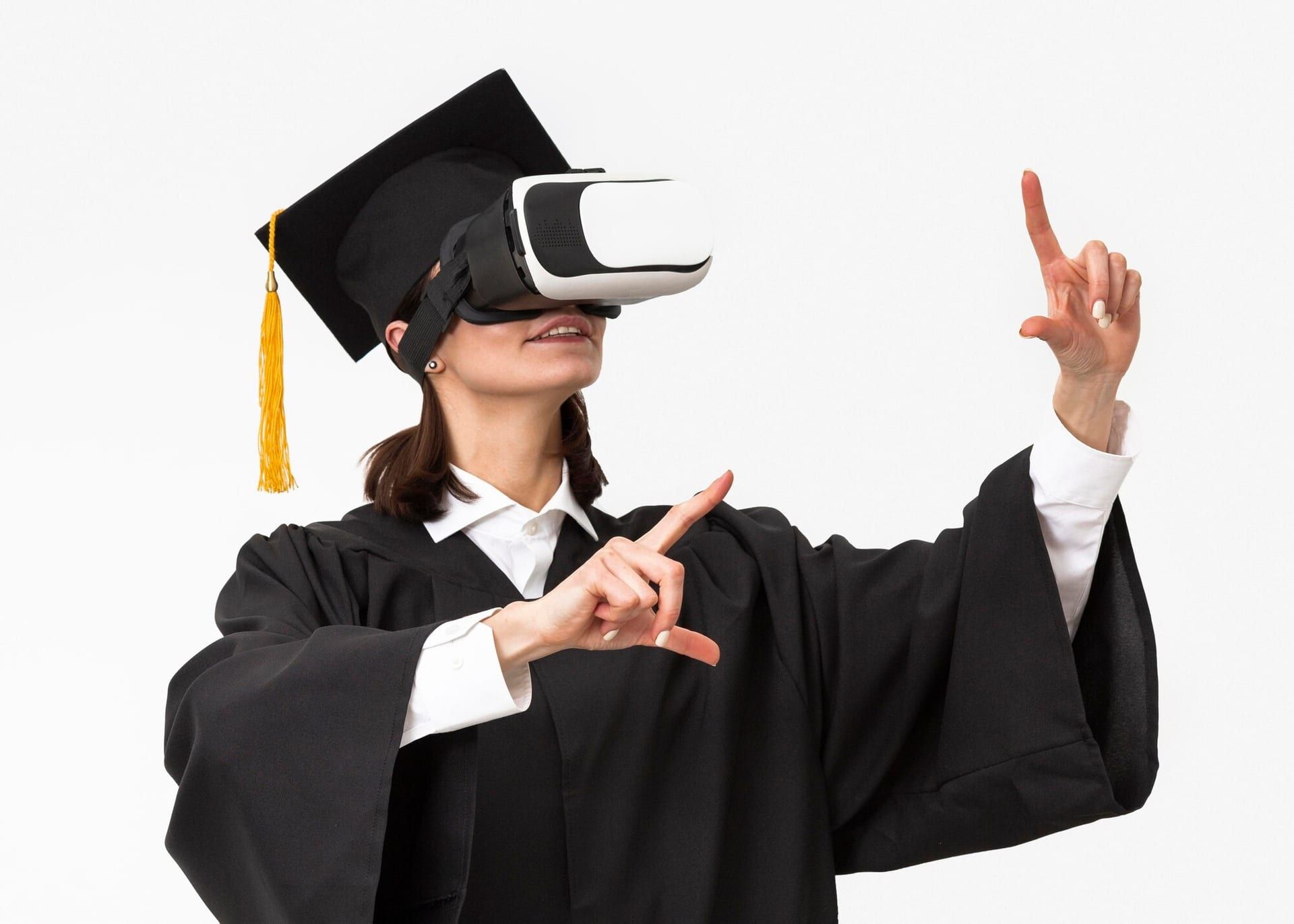 Woman With Graduation Robe Cap Wearing Virtual Reality Headset 23 2148912771