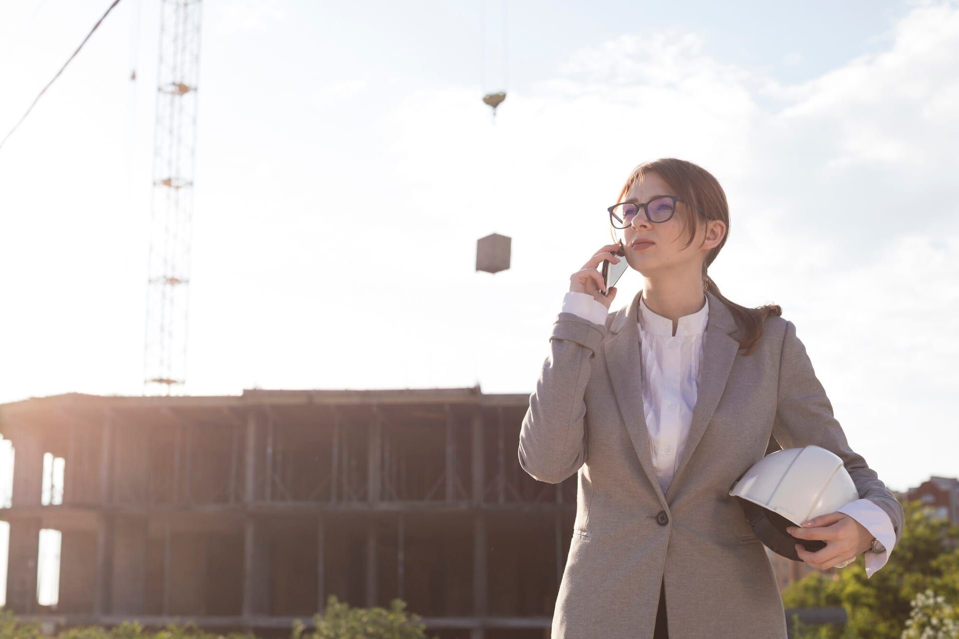 Young Attractive Female Architect Talking Cellphone Construction Site 23 2148203933