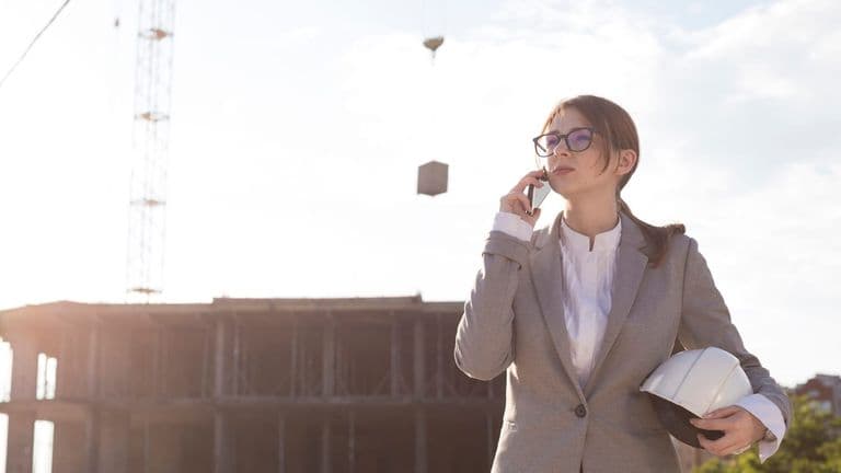 Young Attractive Female Architect Talking Cellphone Construction Site 23 2148203933